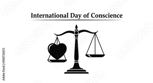 International Day of Conscience vector graphic illustration depicting a heart on a classic balance scale, symbolizing moral judgment and ethical decision-making principles.