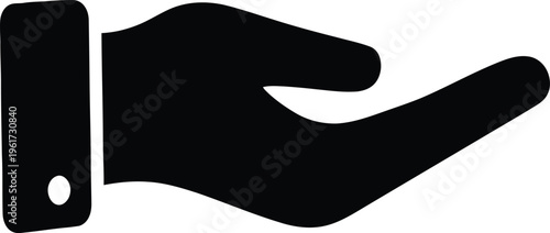 Black hand icon with cuff offering or presenting something on white background
