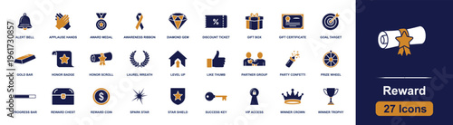 Reward icon set. Containing award medal, gift box, goal target, honor badge, laurel wreath, reward coin, VIP access, winner crown, winner trophy and more. Solid fill vector icons collection.