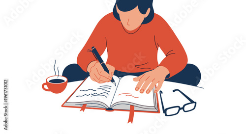 Person sitting cross legged writing in notebook with coffee and glasses nearby focused on creative work or studying