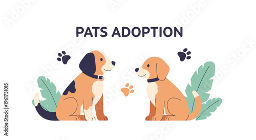 Two adorable beagle dogs sitting facing each other with green leaves and paw prints adoption concept