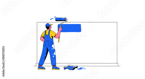 Man in blue overalls painting a wall with a roller applying blue paint in a room with white background