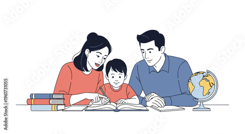 Family learning together parents guiding child with books and globe education concept
