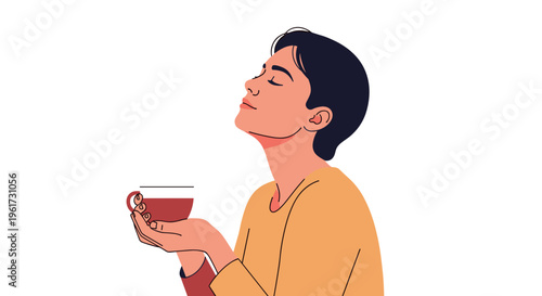 Woman savors a warm cup of coffee or tea with closed eyes feeling relaxed and content in a serene moment