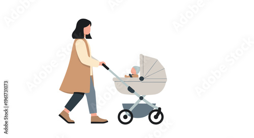 Woman pushing baby stroller with happy infant on sunny day outdoors