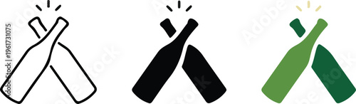 three clinking bottle icon set in outline black and green flat design for celebration party toast alcohol and festive concepts isolated background.
