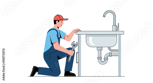Plumber kneeling fixing sink with wrench plumbing repair service concept