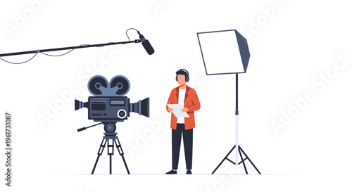 Man in orange jacket standing with camera and lighting equipment in studio for video production