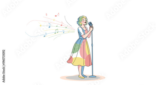 Woman in colorful dress singing into microphone with musical notes floating around her conveying joy and creativity in a whimsical editorial illustration