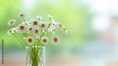 daisies. Fresh daisies in a simple vase with soft green stems, bathed in natural daylight. gardening catalogs, home-decor guides, designed for home decor and floral branding.

