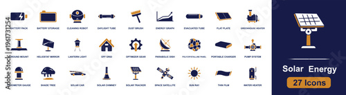 Solar energy icon set. Containing solar tracker, flat plate, parabolic dish, battery storage, water heater, off grid house, solar car, pump system and more. Solid fill icon collection.