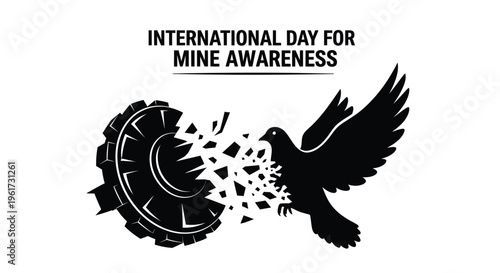 Black and white vector graphic illustration symbolizing peace emerging from destruction for mine awareness day