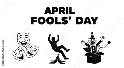 Black and white vector graphic illustration celebrating april fools day with various pranks and humor symbols