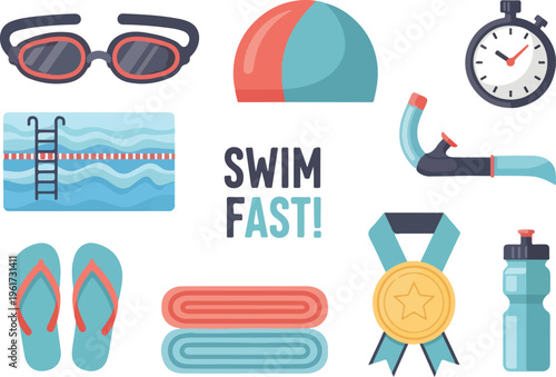 Illustration of swimming pool, goggles, flip-flops, towels, medal, water bottle, snorkel, and stopwatch for a swimming theme