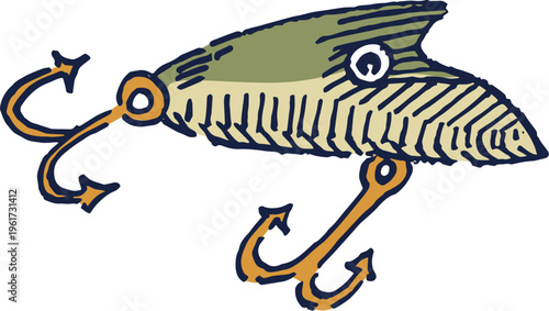 Stylized graphic drawing of a classic fishing lure, designed to attract fish for sport and recreational angling activities, featuring sharp treble hooks