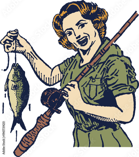 Excited vintage-style woman proudly displays her fresh catch, enjoying a successful day of recreational fishing on the water with a classic rod