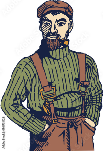 Illustration of a man wearing a knit sweater, cap, and overalls with his hands in his pockets, showcasing a vintage and rugged style
