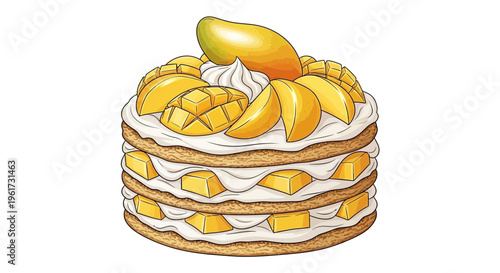 Delicious Mango Layer Cake with Cream and Fruit Slices