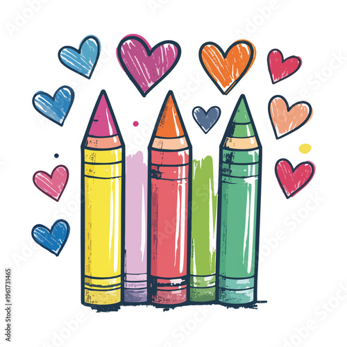 カラフルなクレヨンとハートの手描きイラスト