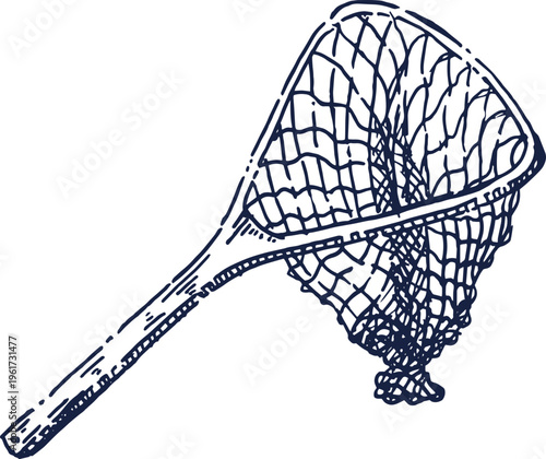 Vintage hand-drawn illustration of a fishing net, an essential tool for anglers and hobbyists, for catching fish in various waters