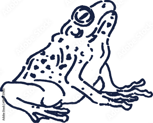 Minimalist line art illustration of a spotted frog, capturing the essence of amphibian wildlife and natural ecosystems in a simple, graphic style