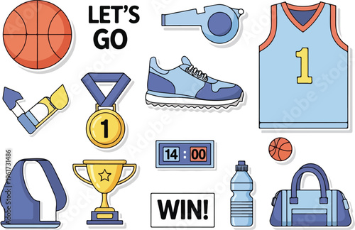 Collection of sports equipment and awards for athletic competition and victory celebration