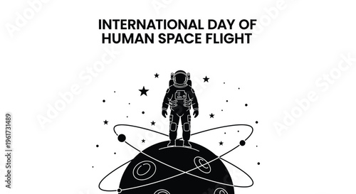 Commemorative vector graphic illustration celebrating the international day of human space flight achievement and exploration