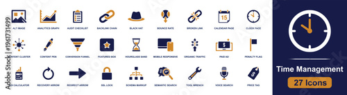 Time management icon set. Containing clock, calendar, checklist, hourglass, analytics, workflow, tracking, planning, deadline, schedule and more. Solid fill vector icons collection.