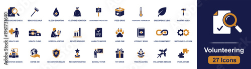 Volunteering icon set. Containing blood donation, food drive, health aid, tree planting, tutor, habitat build, award, waiver, environment and more. Solid fill vector icons collection.