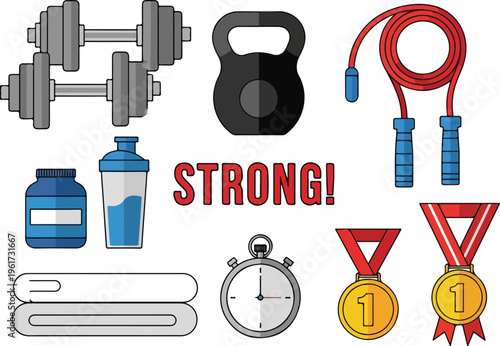Fitness equipment and accessories, including weights, jump rope, shaker, stopwatch, and medals