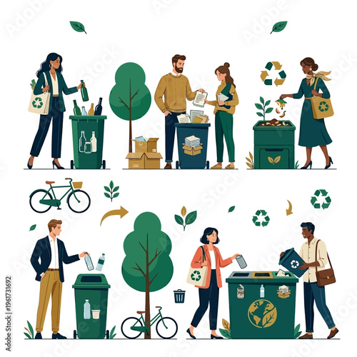 Obraz na plátně Diverse individuals promoting eco-awareness through active recycling and waste sorting vector set