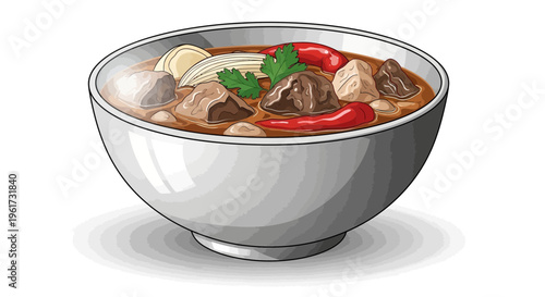 Hearty Beef Stew with Vegetables and Chili in Bowl