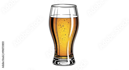 Illustration of a glass of golden beer with foam and bubbles, isolated on white