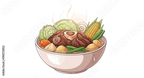 Hearty Stew with Meat, Vegetables and Corn in Bowl