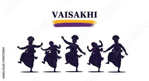 Traditional Indian Vaisakhi festival celebration featuring dynamic bhangra dancers silhouettes in a festive and cultural vector graphic design.