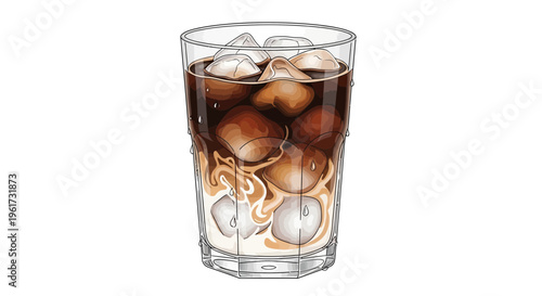 Iced coffee with cream and ice cubes in a glass, refreshing drink, isolated on white