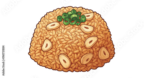 Illustration of a mound of fried rice with garlic and scallions