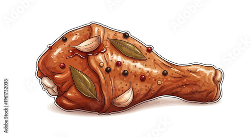 Roasted chicken leg with garlic and bay leaves, savory seasoned poultry, appetizing food illustration