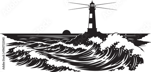 Vector lighthouse on rocky coast with waves illustration