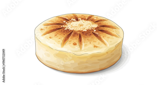 Round baked pastry with decorative top and crumbs