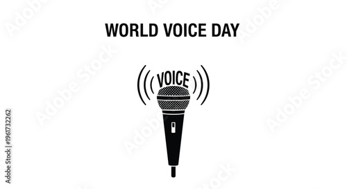 World Voice Day simple vector illustration with a classic microphone graphic emitting radiating sound waves and the bold 'VOICE' text.