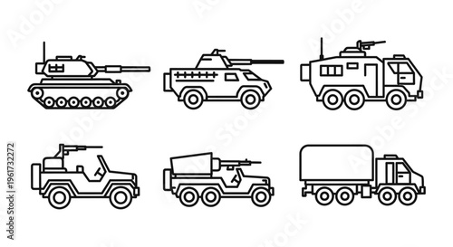 Military Vehicles Line Drawing Illustration.