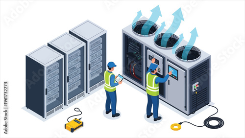 Server room HVAC and air conditioner system with engineers controlling temperature. Isometric industrial illustration