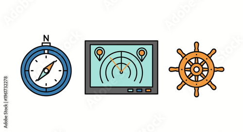 Navigation compass and ship wheel.