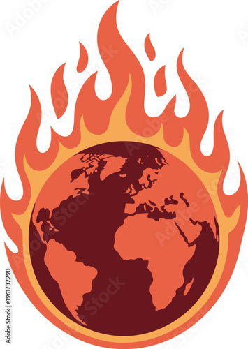 Global warming concept vector illustration of planet earth on fire representing climate change crisis and environmental heat disaster,