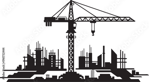 Black silhouette of a construction site with crane vector