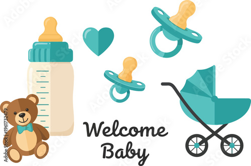 Cute baby icons for welcoming a new arrival a teddy bear, bottle, pacifiers, stroller, and heart