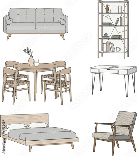 Modern Minimalist Furniture Collection with Sofa, Dining Table, Bed, Chair, Shelf, and Coffee Table for Interior Design, Home Decor, and Scandinavian Style Illustration