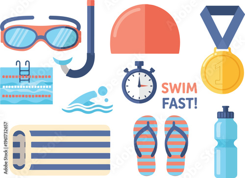 Collection of swimming and sports equipment, including goggles, snorkel, cap, medal, flip-flops, water bottle, and stopwatch