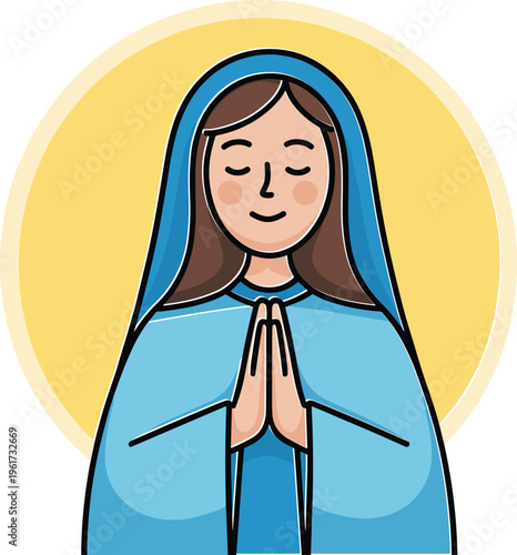 Illustration of Virgin Mary praying in flat line art style with a halo for religious celebration and Christian devotion,